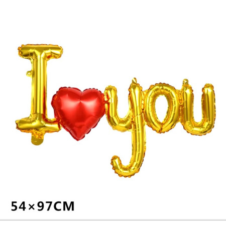 Set Baloane Folie Metalizata, Cyrax, Model I LOVE YOU cu Inimioara, 54x97 cm, Tematica Ziua Îndrăgostiților, Ambalaj Individual, Pai Inclus, Umflare cu Aer sau Heliu, Auriu