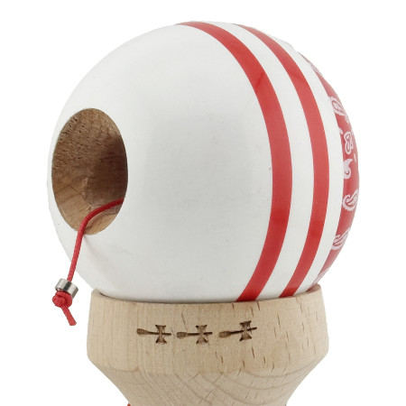 Kendama X Originala CHICANOS, Profesionala, Cyrax, Cupe Mari KING SIZE V3, Super Sticky, Gaura in Baza, Rulment Metalic, din lemn 18 cm, Ata 55 cm, Rosu/Alb