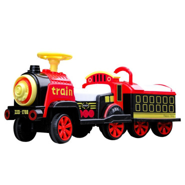 Masinuta Electrica Cyrax, Tip Trenulet cu Vagon Detasabil, Pentru 2 Persoane,cu Telecomanda, Lumini si Sunete, Locomotiva cu Vapori de Abur, 1-6 Ani, 46 x 33 x 72 cm, Rosu