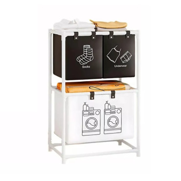 Cos de Rufe,  cu 2 Etaje,  3 Cosuri, Cadru de Otel Inoxidabil, 97x28x57 cm, Alb