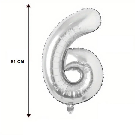 Balon din Folie Cyrax, Cifra 6, 81 cm, Pentru Aer sau Heliu, Bulk, Argintiu