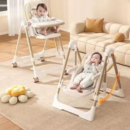 Scaun de Masa 2in1, Cyrax, pentru Copii 6 luni - 4 Ani, Pliabil, cu Roti, Balansoar, Leagan, Reglabil, Tava de Masa Dubla, Centura in 5 Puncte, 96 x 56 x 76 cm, Sampanie