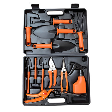 Set 12 Unelte de Gradina,  pentru Plantare Prelucrare Sol si Ingrijire Plante, Manere Portocalii, Material PVC si Cardboard, Cutie Inclusa, 37x28 cm, Negru
