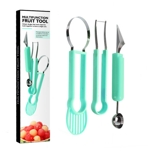 Ustensila bucatarie 4 in 1 pentru taiat si decorat fructe Cyrax, material inox si plastic, compact, 28x6.2 cm, verde...