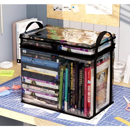 Cutie de Depozitare,  din PVC + Textil, Rezistenta la Apa, Geanta pentru Carti, 38x24x32 cm, Transparent-Negru