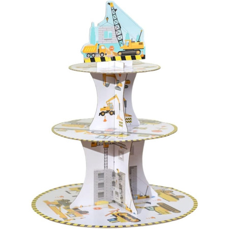 Etajera pentru Prajituri, Cyrax, din Carton, 3 Nivele, 16/22/29 cm Diametru, Inaltime 38 cm, Tema Utilaje de Santier, Multicolor