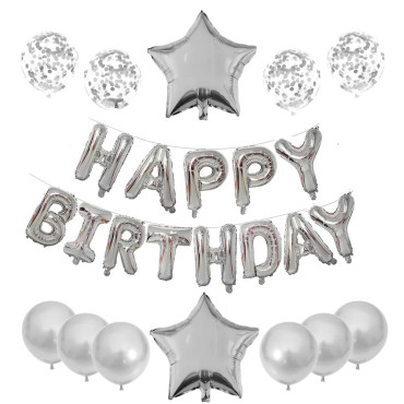 Set 25 de Baloane din Folie Metalizata si Latex, Cyrax, Figurine 2 Stele, 4 Baloane Confetti, 13 Litere, 6 Latex, Model Happy Birthday, Tema Aniversare, 40 cm, Ambalaj Individual, Pai Inclus, Umflare cu Aer sau Heliu, Argintiu