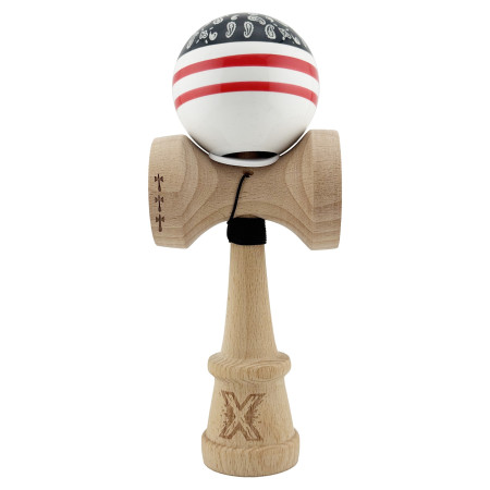 Kendama X Originala CHICANOS, Profesionala, Cyrax, Cupe Mari KING SIZE V3, Super Sticky, Gaura in Baza, Rulment Metalic, din lemn 18 cm, Ata 55 cm, Negru/Alb