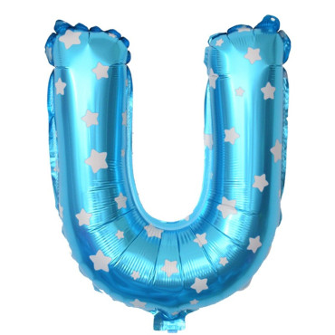Balon Folie Metalizata Litera U, Cyrax, 40 cm, Cu Imprimeu Stelute, Umflati cu Heliu sau Aer, Ambalaj Individual, Pai inclus, Albastru