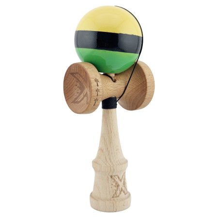 Kendama X Originala, Profesionala, Cyrax, Big Cups V2, Super Sticky cu Cupe Mari, din lemn 18 cm, Rulment Metalic cu Ata 55 cm, Galben/Negru/Verde