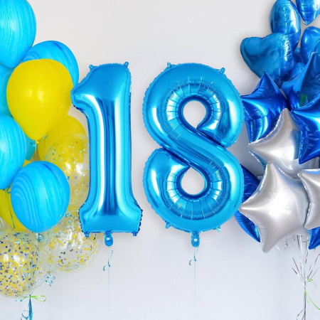 Balon din Folie Metalizata Cyrax, Figurina Cifra, Tema Aniversare 40 cm, Ambalaj Individual, Pai inclus, Umflare cu Aer sau Heliu, Albastru, Cifra 1