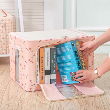 Cutie de Depozitare Pliabila,  24 L, Panza Oxford, 40x30x20 cm, Fereastra Frontala, 2 Usi de Acces cu Fermoar Bidirectional, Cadru Metalic, Suport Baza Stabil din Plastic, Imprimeu Cirese, Roz