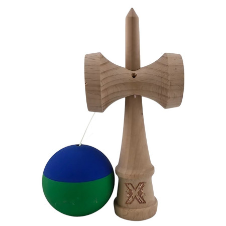 Jucarie Kendama X Originala, Profesionala, Cyrax, din Lemn, Rubber Grip, 18 cm, Albastru/Verde