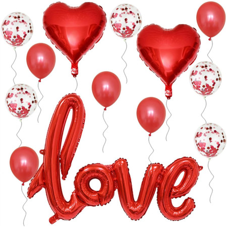Set 13 Baloane din Folie Metalizata si din Latex, Cyrax, Figurine Litere si Inima, Model Love, Tema Ziua Indragostitilor, Baloane Party cu Confetti, 102x65cm, 45 cm, 30 cm, Pai Inclus, Umflare cu Aer sau Heliu, Rosu