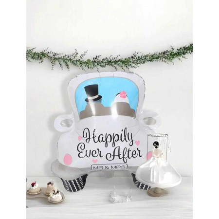 Balon din Folie Metalizata, Cyrax, Figurina Masina, Model Nunta Happily Ever After, Tema Nunta, 60 x 63 cm, Ambalaj Individual, Pai Inclus, Umflare cu Aer sau Heliu, Alb
