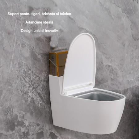Scrumiera creativa  Forma de Toaleta, Capac Alb , Material ABS si Otel Inoxidabil, 12.5 x 9.8 x 8.4 cm, Fixare prin Lipire sau De Sine Statator, pentru Baie, Camera, Bucatarie, Balcon, Alb