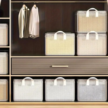 Cutie de Depozitare Tip Cos,  Material Textil Transparent, Pliabila, 47x28x20 cm, 35 l, Cadru Metalic, cu Manere, Alb