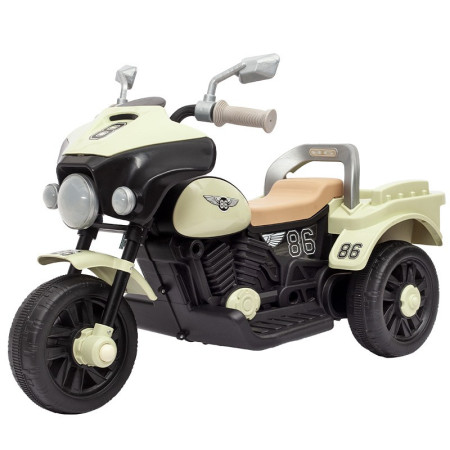 Motocicleta Electrica Cyrax, cu Acumulator, cu Sistem Anti-Rasturnare, Sistem de Lumini si Muzica, Cutie de Depozitare, 1-8 Ani, 93 x 43 x 58 cm, Alb - Bej