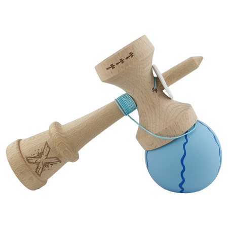Kendama X Originala, Profesionala, Cyrax, Rubber Grip, Cupe Mari KING SIZE V3, Gaura in Baza, Rulment Metalic, din lemn 18 cm, Ata 62/65 cm, Special Albastru deschis