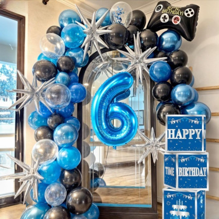 Balon din Folie Metalizata Cyrax, Figurina Cifra, Tema Aniversare 100 cm, Ambalaj Individual, Pai inclus, Umflare cu Aer sau Heliu, Albastru, Cifra 6