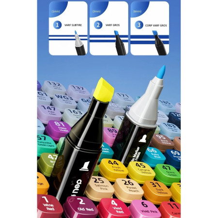 Set 80 Markere, Cyrax, pe Baza de Ulei, Dublu Capat, Subtire 1mm si Gros 6 mm, Geanta Depozitare, 15 cm, Multicolor