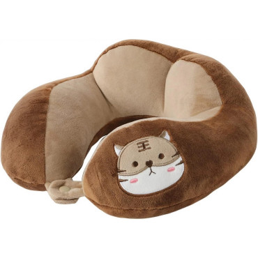 Perna de Calatorie,  Pentru Gat si Cap, Umplutura din Bumbac, 28x28x10 cm, cu Model Brodat Pisica, Maro