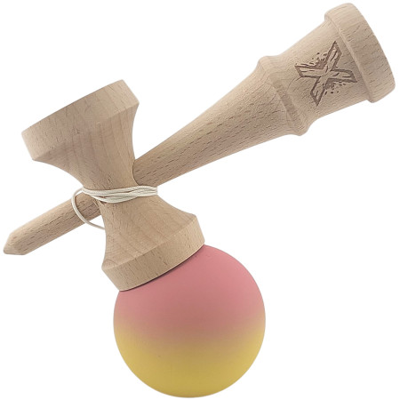 Kendama X Originala, Profesionala, Cyrax, din Lemn, Rubber Grip, 18 cm, Roz/Galben