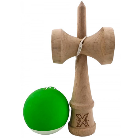 Kendama X Originala, Profesionala, Cyrax, din Lemn, Rubber Grip, 18 cm, Verde/Alb