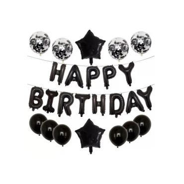 Set 25 de Baloane din Folie Metalizata si Latex, Cyrax, Figurine 2 Stele, 4 Baloane Confetti, 13 Litere, 6 Latex, Model Happy Birthday, Tema Aniversare, 40 cm, Ambalaj Individual, Pai Inclus, Umflare cu Aer sau Heliu, Negru