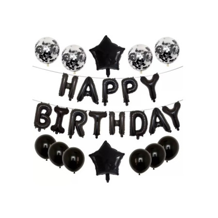 Set 25 de Baloane din Folie Metalizata si Latex, Cyrax, Figurine 2 Stele, 4 Baloane Confetti, 13 Litere, 6 Latex, Model Happy Birthday, Tema Aniversare, 40 cm, Ambalaj Individual, Pai Inclus, Umflare cu Aer sau Heliu, Negru