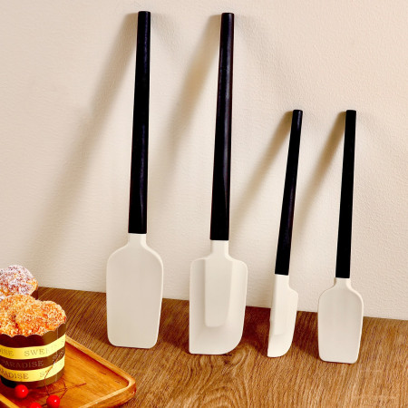 Ustensile de Bucatarie, Cyrax, Set din 4 bucati, din Silicon si Lemn, Spatule de Diferite Dimensiuni, Termo rezistente, Antiaderente, Instrument de Amestecat in Bucatarie, Alb-Negru