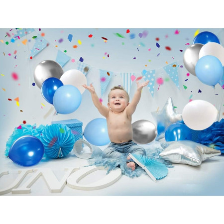 Set 10 Baloane din Latex Metalizate, Cyrax, Model Party, Alb, Albastru, Blue, 23 cm, 2.2 g