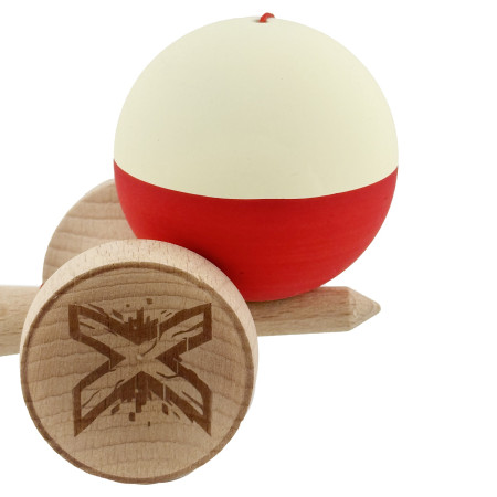 Kendama X Originala, Profesionala, Cyrax, Rubber Grip, Cupe Mari KING SIZE V3, Gaura in Baza, Rulment Metalic, din lemn 18 cm, Ata 62/65 cm, Bicolor Galben/Rosu