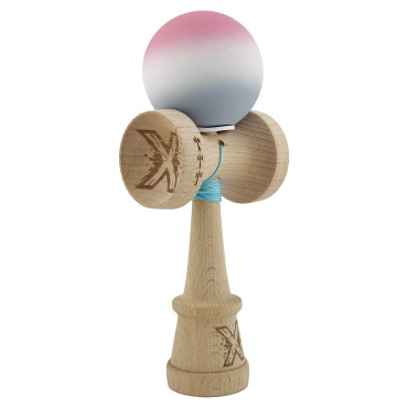 Kendama X Originala, Profesionala, Cyrax, Rubber Grip, Cupe Mari KING SIZE V3, Gaura in Baza, Rulment Metalic, din lemn 18 cm, Ata 62/65 cm, Gradient Roz/Alb/Gri
