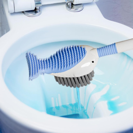 Perie de Toaleta,  cu Suport de Perete, Recipient Detergent, 2 Tipuri de Perii, Model Balena, Albastru