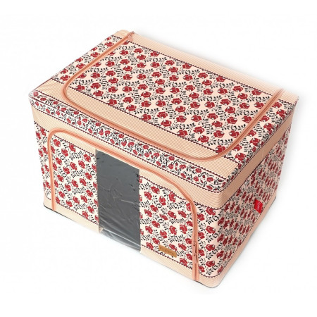 Cutie de Depozitare Pliabila, 100 L din Bumbac si In, 60X42X40 cm, Fereastra Frontala, 2 Usi de Acces cu Fermoar Bidirectional, Cadru Metalic, Suport Baza Stabil din Plastic, Motiv Traditional Model 4