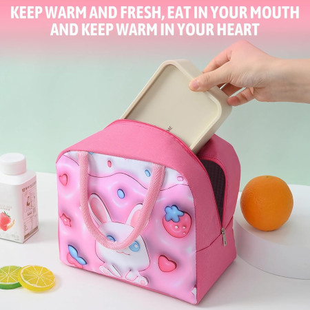 Geantă Frigorifică, Cyrax, cu Desene Animate 3D, Portabilă pentru Copii, de Prânz, din Pânză Oxford, 23x13x19 cm, Model Iepuras, Roz
