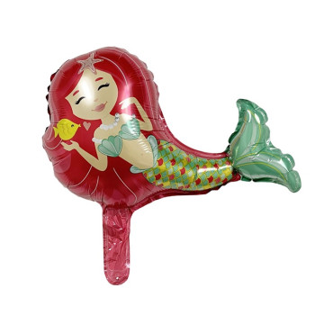 Balon din Folie Metalizata, Cyrax, Mini Figurine, Model Sirena cu Par Rosu, Tematica Aniversare, 39x37 cm, Ambalaj Individual, Pai Inclus, Umflare cu Aer sau Heliu, Multicolor