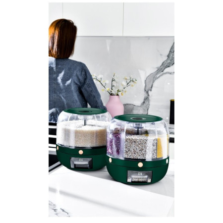 Dozator de cereale Cyrax, rotativ 360, 6 compartimente, capacitate 6 L, rezistent la umezeala, inchidere etansa, verde