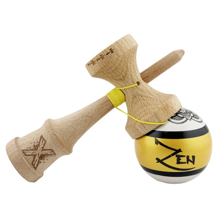 Kendama X ZEN Originala, Profesionala, Cyrax, Big Cups V2, Super Sticky Legendary Cupe Mari, Rulment Metalic cu Ata 55 cm, Auriu/Alb