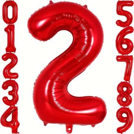 Balon din Folie Metalizata Cyrax, Figurina Cifra, Tema Aniversare 80 cm, Ambalaj Individual, Pai inclus, Umflare cu Aer sau Heliu, Rosu, Cifra 2