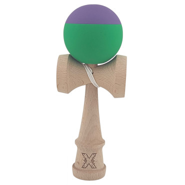 Kendama X Originala, Profesionala, Cyrax, din Lemn, Rubber Grip, 18 cm, Verde/Mov