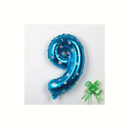 Balon din Folie Metalizata Cyrax, Figurina Cifra, Imprimeu Stele, Tema Aniversare 80 cm, Ambalaj Individual, Pai inclus, Umflare cu Aer sau Heliu, Albastru, Cifra 9