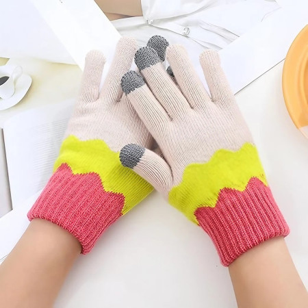 Manusi de Dama,  Model Ondulat, Functie Touchscreen (ecran tactil), Material Acril Tricotat, Manseta Elastica, Interior Catifelat, Marime Universala, Galben/Roz