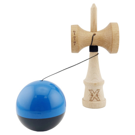 Kendama X Originala, Profesionala, Cyrax, Big Cups V2, Super Sticky cu Cupe Mari, Rulment Metalic, din lemn 18 cm, Ata 55 cm, Albastru/Negru