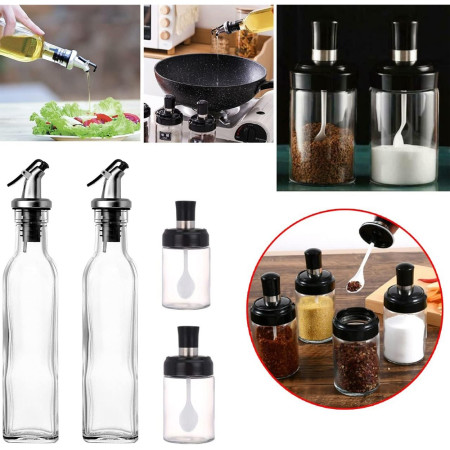 Sticle si Borcane de Ulei de Masline, Cyrax, Dozator Set 4 Bucati, 2 Sticle cu Dispenser 500 ml/buc, 2 Borcane pentru Condimente cu Capac si Lingura 120ml/buc, Transparent