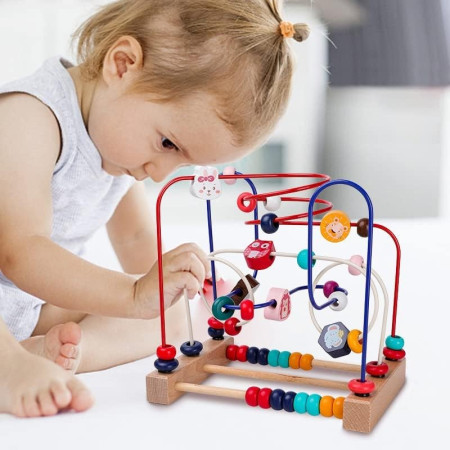 Jucarie din Lemn Montessori, Cyrax, Labirint Motricitate cu Abac si Animalute, Rollercoaster pentru Copii, Educativ, Dezvoltarea Abilitatilor Motorii, Numaratoare, 22.5x22.5x15 cm, Multicolor