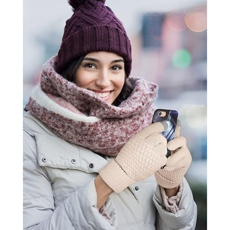 Manusi de Dama,  Functie Touchscreen (ecran tactil), Material Acril Tricotat, Manseta Elastica, Interior Catifelat, Marime Universala, Bej