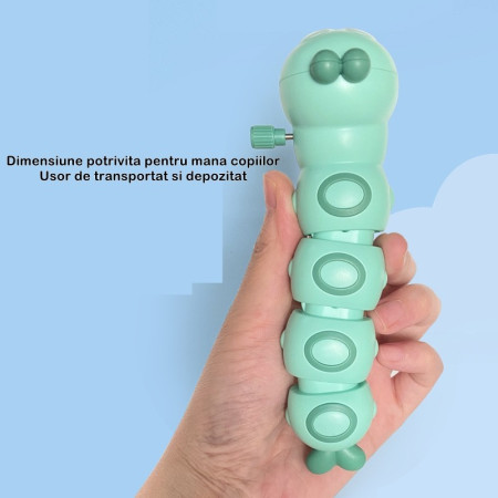 Jucarie mecanica pentru copii Cyrax, omida haioasa, cu cheita, distractiva, se taraste, se misca, 15 x 4 cm, verde