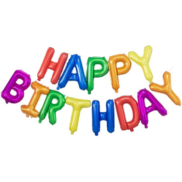 Set Baloane din Folie Metalizata, Cyrax, Model Happy Birthday, Litere de 40 cm, Baloane Party, Ambalaj Individual, Pai, Ata si Adeziv Incluse, Umflare cu Aer sau Heliu, Multicolor